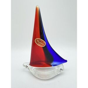 Vintage Murano Hand Blown Art Glass Sailboat 6" Red Blue with Sticker
